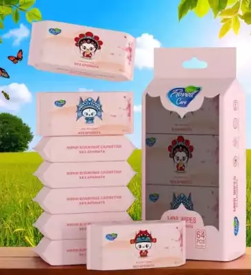 Влажные салфетки мини розовые без аромата 64 шт